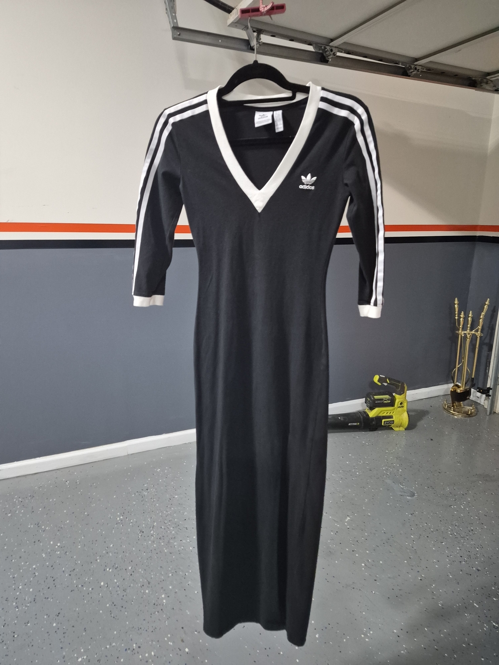 adidas Black Maxi Dress with White V-Neck Trim and Sleeve Stripes